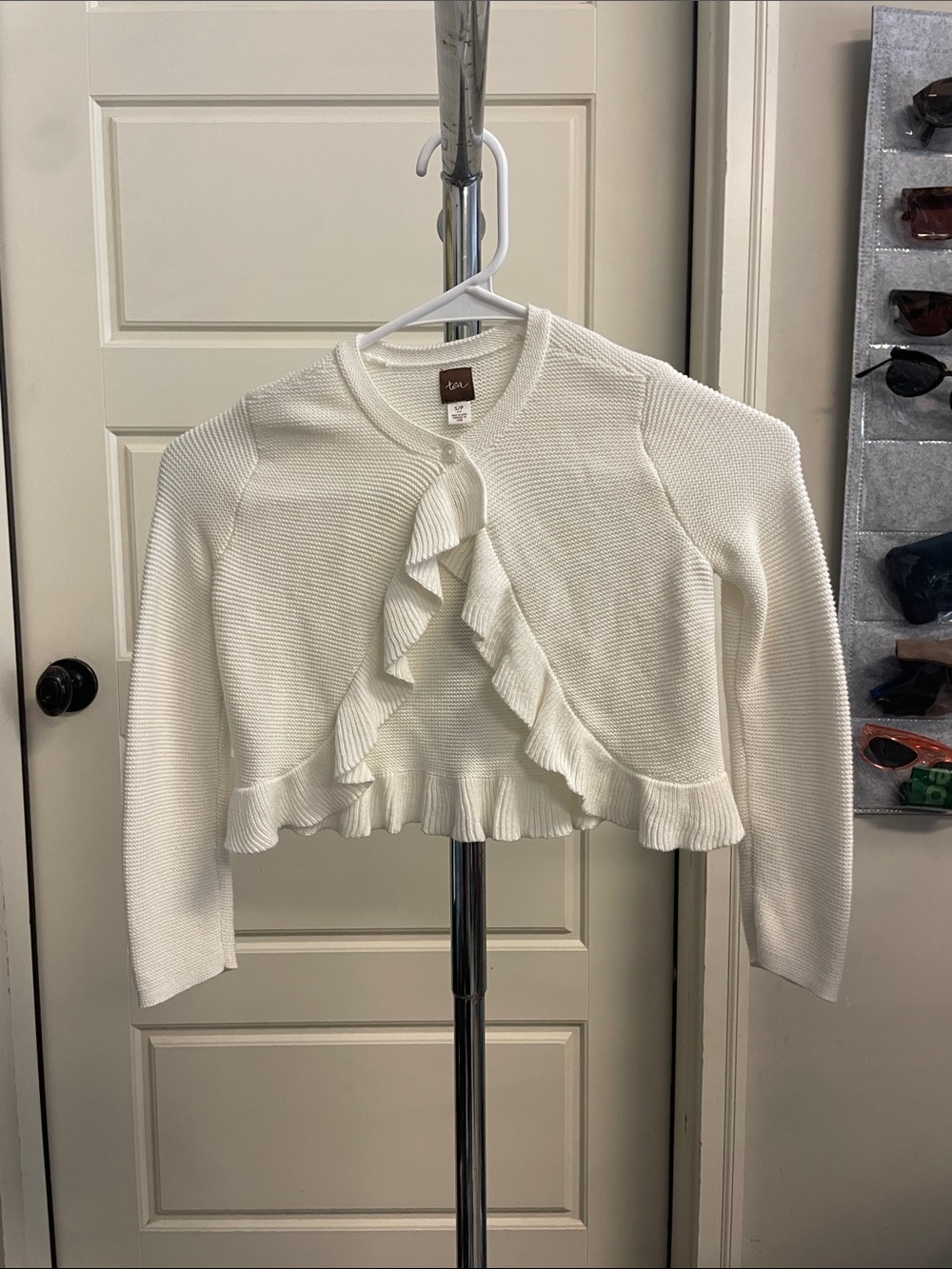 Tea Collection Cream Ruffle-Front Cropped Cardigan